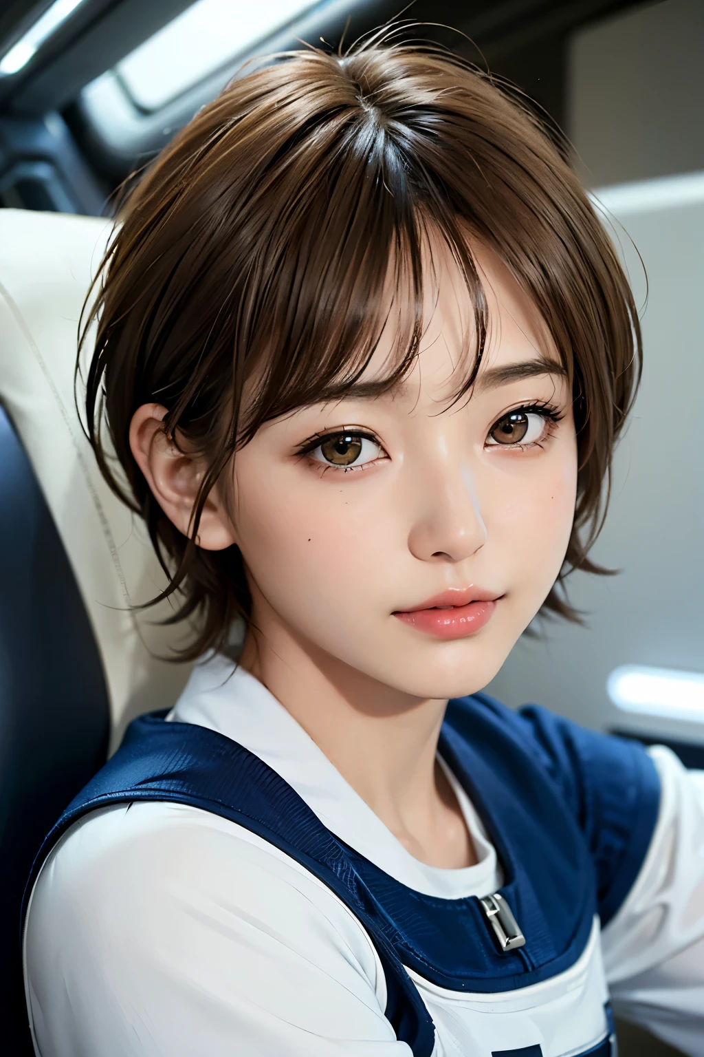 highest quality、masterpiece、ultra high resolution、(real:1.4)、Beautiful woman1、Beautiful details of eyes and skin、light brown short cut hair、small smile、latest space suit、space station、spaceship、Remains、cloudy sky、