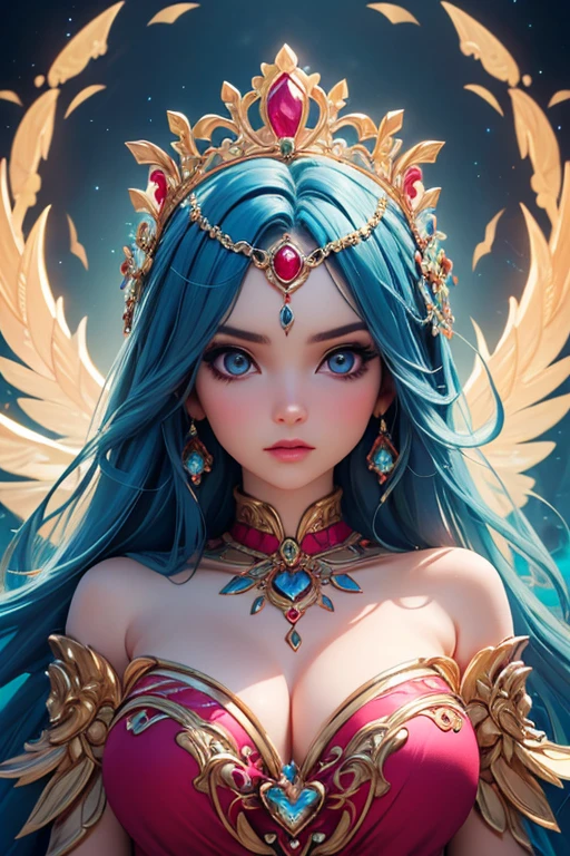 ((best quality)), ((masterpiece)), (detailed), The Goddess of Love, (Behance contest winner:1.2), fantasy art, crown of giant rubies, style of Ross Tran, captivating lighting, 8k resolution, striking facial expression, (elaborate costume details:1.3), vibrant colors, powerful presence, (ethereal glow:1.1)
