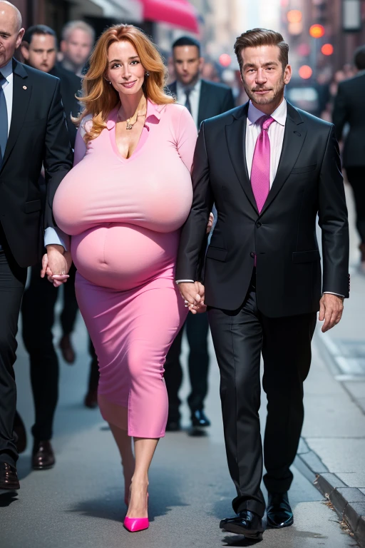 A 30 years old CEO, walking in the city with a  boy, ((little boy holding her hand)), smiling to the little boy, the CEO has a face like Julia Roberts, wearing a pink business blouse, very long business skirt, high heels, ((huge saggy breast)), (protruding pregnant belly), (full person view, from head to toe), 