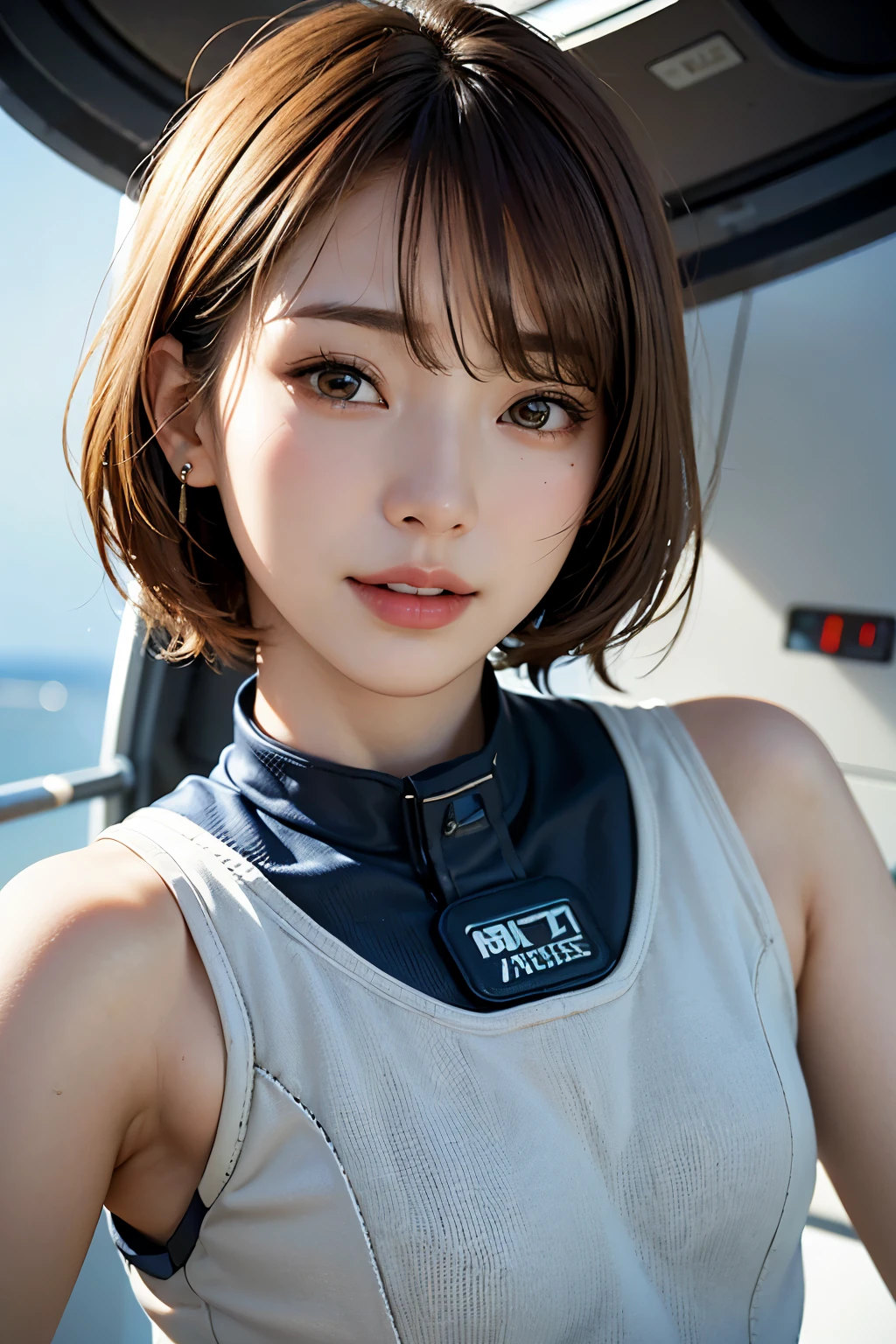 highest quality、masterpiece、ultra high resolution、(real:1.4)、Beautiful woman1、Beautiful details of eyes and skin、light brown short cut hair、small smile、latest space suit、space station、spaceship、Remains、cloudy sky、