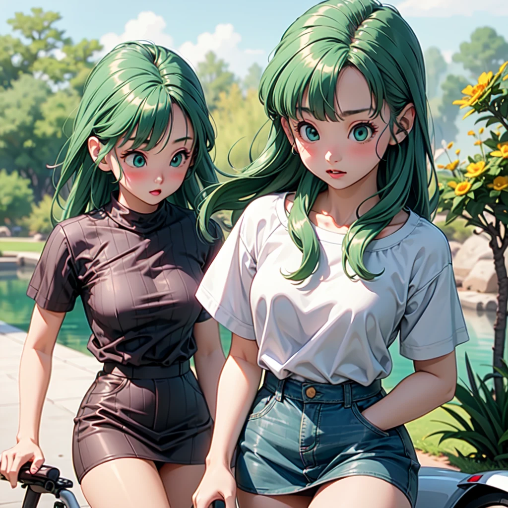 girl、(((one person)))、green eyes、green hair、long hair、mini skirt、D cup bust、background blur、line of sight、blush、motorcycle、wilderness、the way