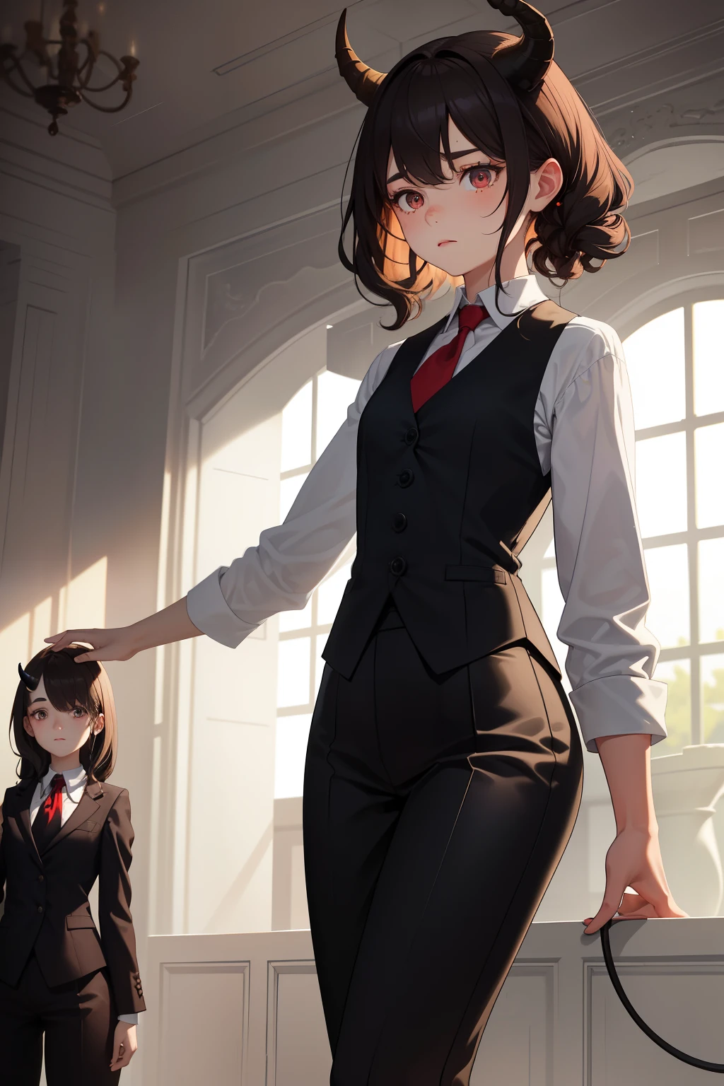A 1.50 tall,  with short, dark brown hair that curls at the ends and freckles on her face. Her eyes are chocolate brown like her hair, and she has small horns and a demon tail, white with a pink gradient at the ends. She is dressed in a black vest, revealing a white dress shirt with rolled-up sleeves and a red tie beneath. Black pants and shoes complete her attire. The scene is rendered in best quality, ultra-detailed, realistic style with HDR, sharp focus, and depth of field. The lighting adds an atmospheric feeling, and the colors are vibrant yet muted, creating a captivating