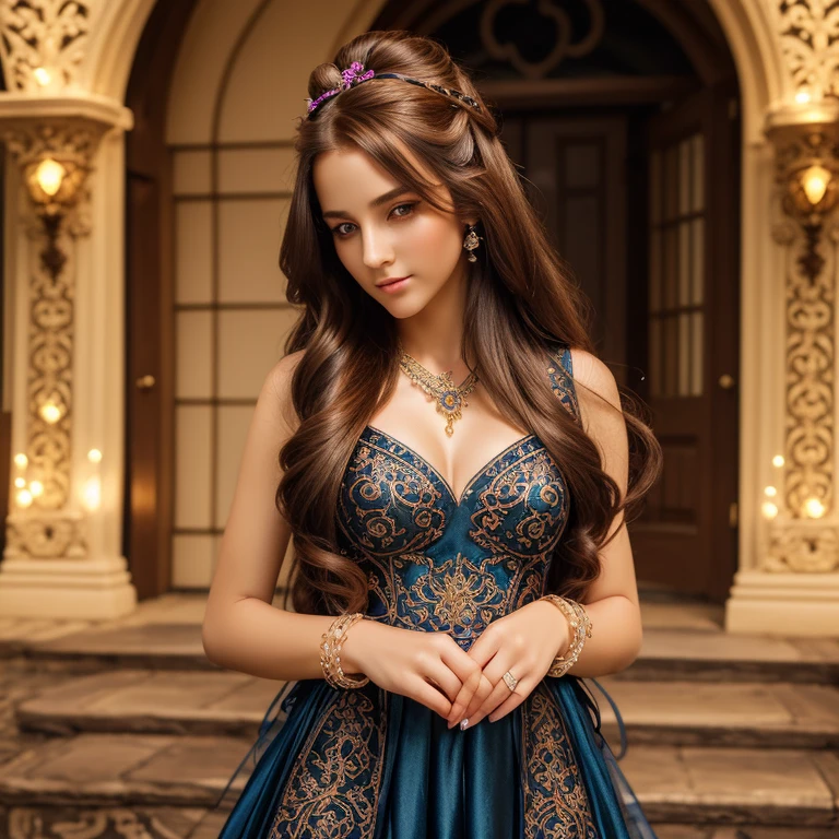 1girl, long hair, bright hair color, seductive eyes, mysterious expression, mature appearance, charming dress, flowing dress, elegant jewelry, intricate decoration, magic symbols, glowing accessories, potions, scrolls, cute accents, bows, ribbons, flowers, on the roof with open hair