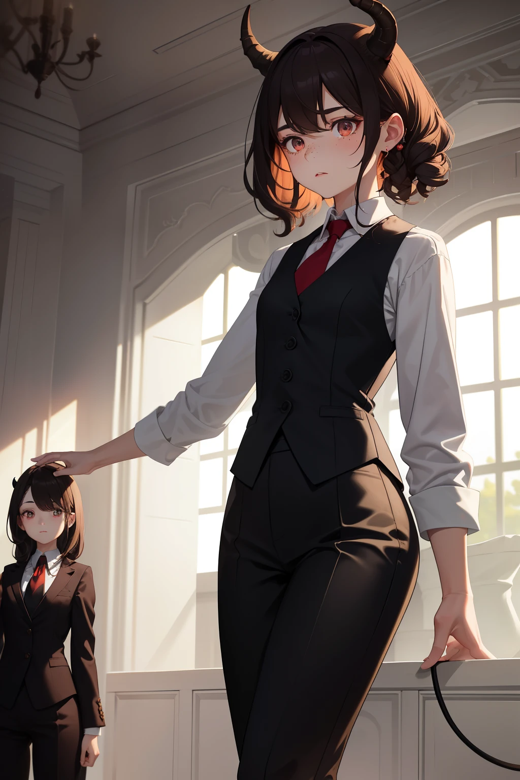 A 1.50 tall, -yeld giwith short, dark brown hair that curls at the ends and freckles on her face. Her eyes are chocolate brown like her hair, and she has small horns and a demon tail, white with a pink gradient at the ends. She is dressed in a black vest, revealing a white dress shirt with rolled-up sleeves and a red tie beneath. Black pants and shoes complete her attire. The scene is rendered in best quality, ultra-detailed, realistic style with HDR, sharp focus, and depth of field. The lighting adds an atmospheric feeling, and the colors are vibrant yet muted, creating a captivating