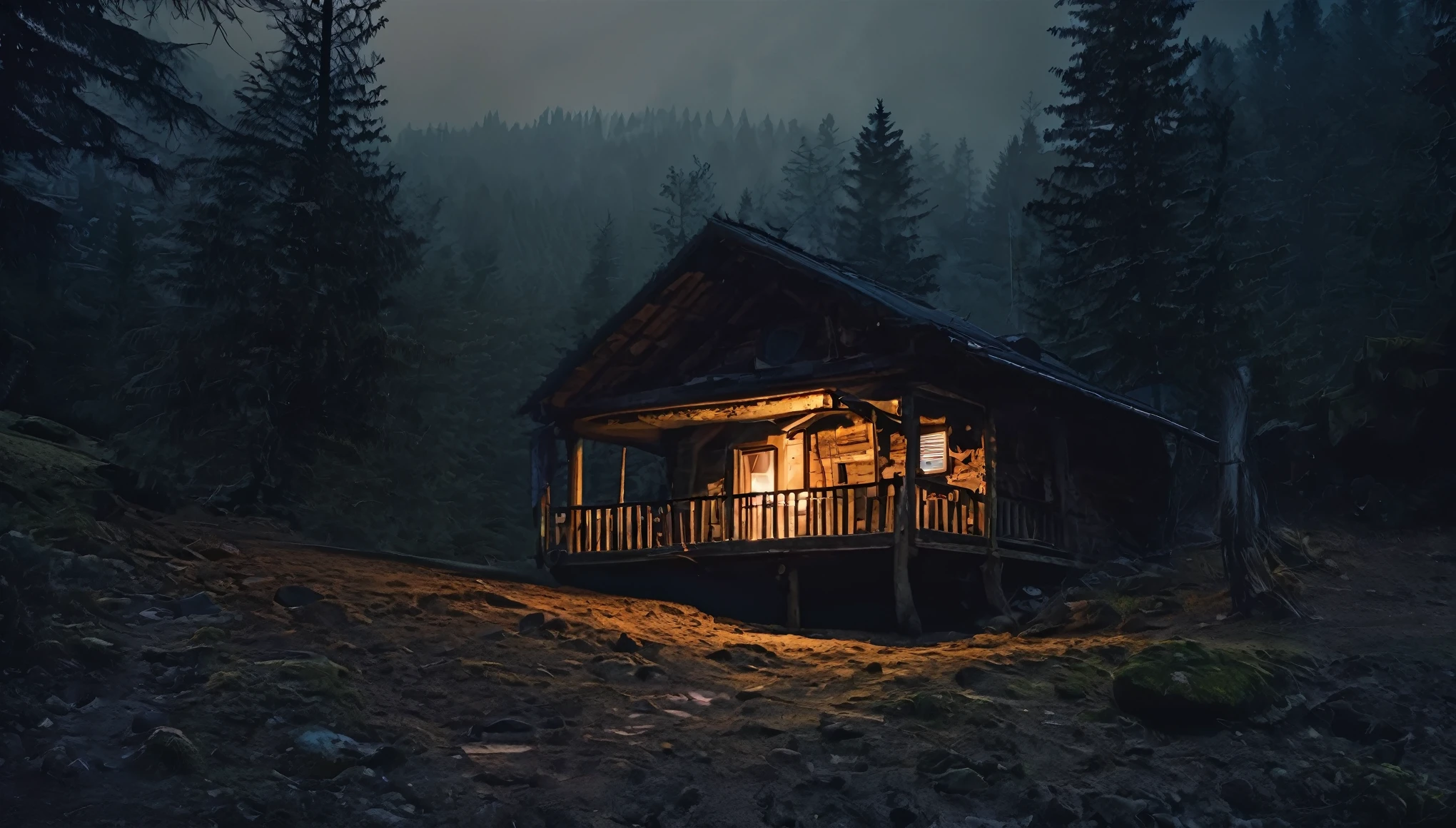 forest, mountain hut, darkness, abyss, horror, terror