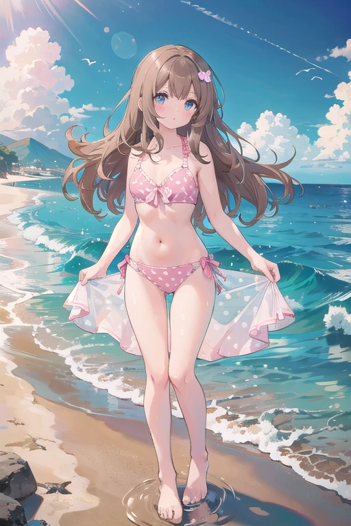 Caucasian female in her 20s with long light brown hair, wearing a pink polka-dot bikini, standing in shallow ocean water with a clear sky in the background.