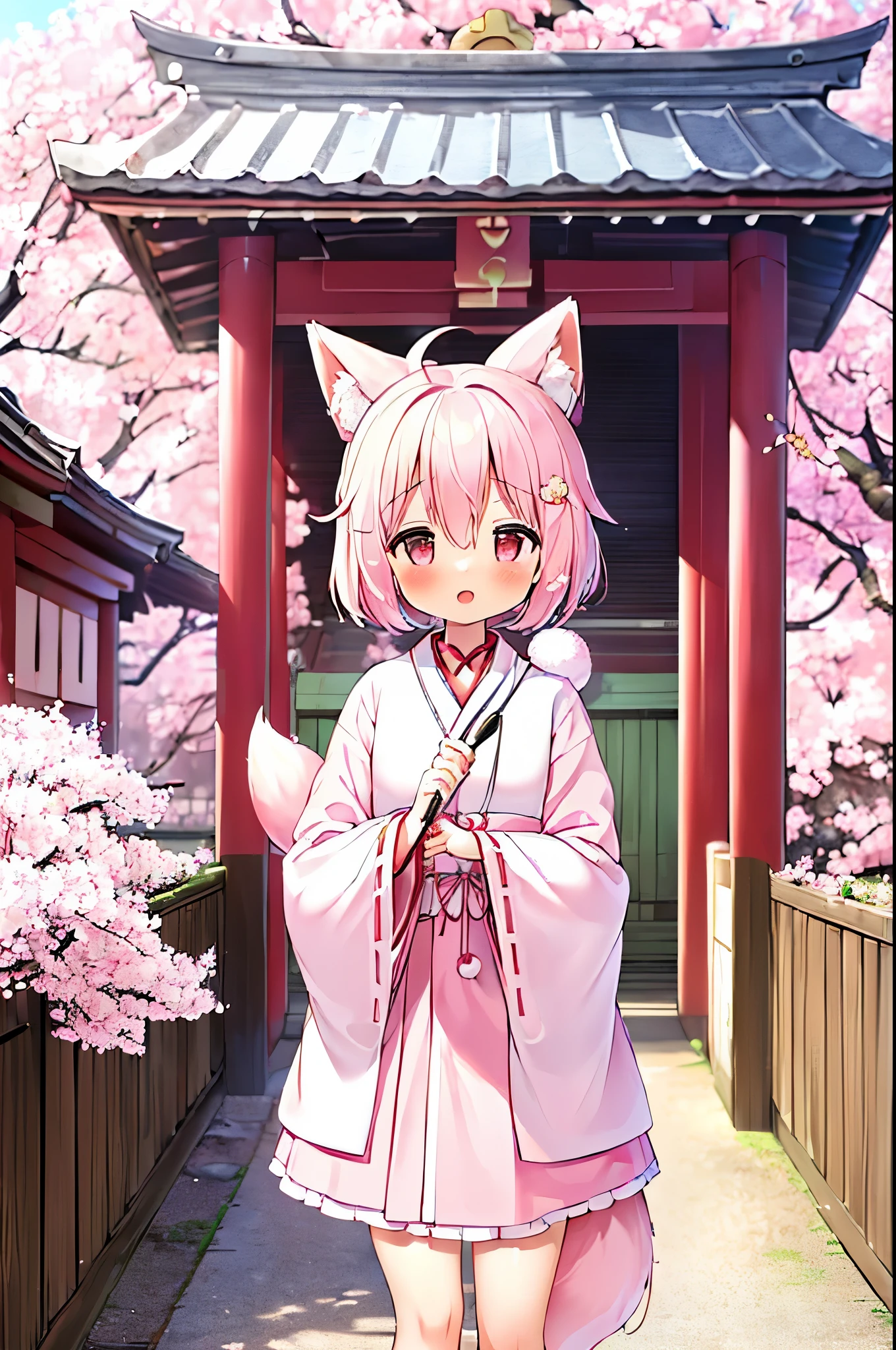 (masterpiece:1.5) (high quality:1.5), (beautiful:1.5), (8K:1.5), (High resolution:1.5), (1 girl:1.5), (pink short hair:1.4), pink short hair:1.4), (Pink fox tail:1.5), (Pink fox tail:1.5), (Pink fox ears), (pink eyes), (Miko costume:1.5), (long sleeve:1.1), (shrine:1.5), (Walking around the temple grounds:1.3), (Cherry Blossom:1.4), (Laughing 1.4), (cowboy shot:1.5), (風に舞うCherry Blossomびら:1.5)