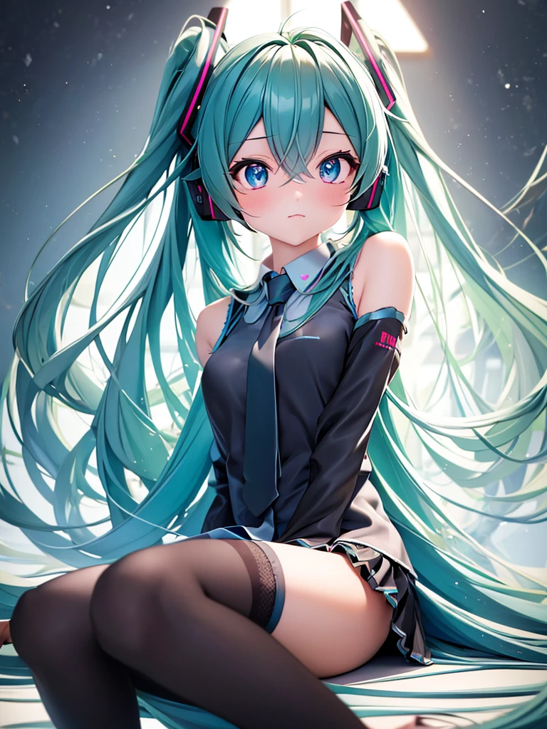 Hatsune Miku, Hatsune Miku, ahog, aqua eyes, aqua hair, Cross bangs, hair between eyes, hair accessories, earphone, long hair, Double tail, rest aqua tie, Black footwear, black skirt, black sleeves, boots, collared shirt, Separate sleeves, grey shirt, tie, pleated skirt, shirt, skirt, sleeveless, sleeveless shirt, thigh boots, tie夾, rest looking at viewer, rest outdoors, City, rest (masterpiece:1.2), best quality, High resolution, unified 8k wallpaper, (illustration:0.8), (Beautiful and delicate eyes:1.6), extremely detailed face, perfect lighting, Extremely detailed CG, (perfect hands, perfect anatomy),