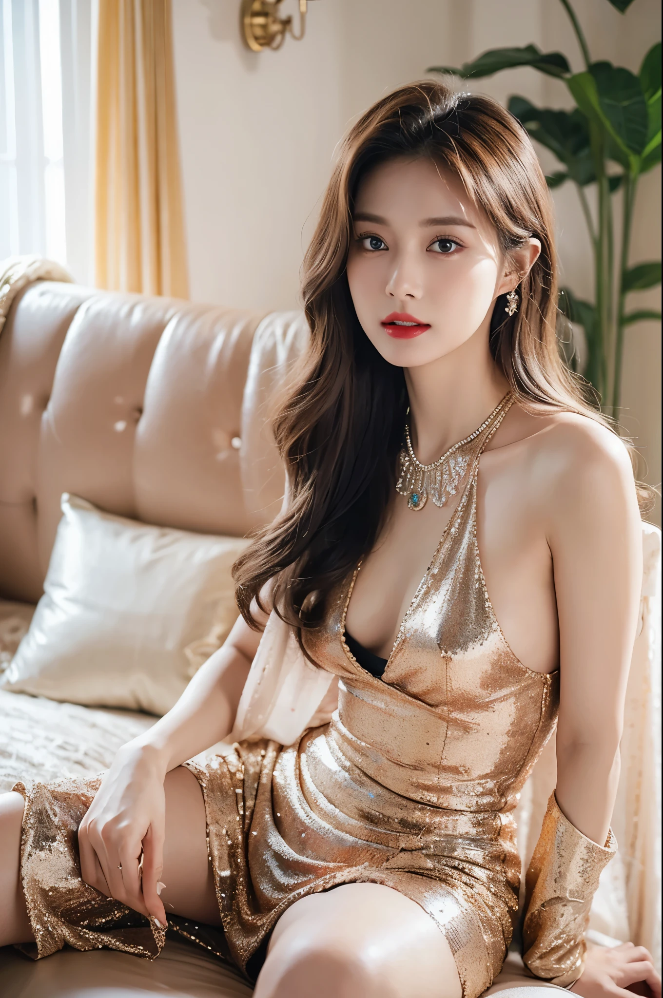 High-quality work,Realistic works,Super premium graphics,8K HD CG works,high quality graphics,High-definition and exquisite CG works,10x pixels,Ultra-fine details:1.1,Advanced technical details:1.1Realistic photo effects,indoor light light effect:1.5,Natural soft light:1.5. Light effect(Virtual light Light effect:1.8),ultra high resolution,Shinyshift dresses,sliver long hair,silber hair,transparenthair,high detailed hair(Quality hair details:1.1)Clear eyes,Double eyelids look good,Sharp eye makeup, Create exquisite eyelash makeup, tthin eyebrows, Ultra-detailed eyes,a tall nose, lovely red lips, rosey cheeks, The face is painted with delicate makeup , Nice face, The face shape is perfectly proportioned,(Advanced facial details:1.3)Sparkling luxury gown collection,shift dresses,Sequin coat,Shiny,Tight long skirt,Summer sexy butt-wrapped fishtail sleeveless commuter maxi skirt,Horse socks 100%Oily PanSter glossy silk 8D black silk women's clothing'worn out'S,clothes look good,(Changing high fashion collections:1.5),Dress photography,Authentic clothing creations,inside a ballroom,Women's artwork,Full body video wear,Realism,Amazing Cleavage,My eyes are very bright today