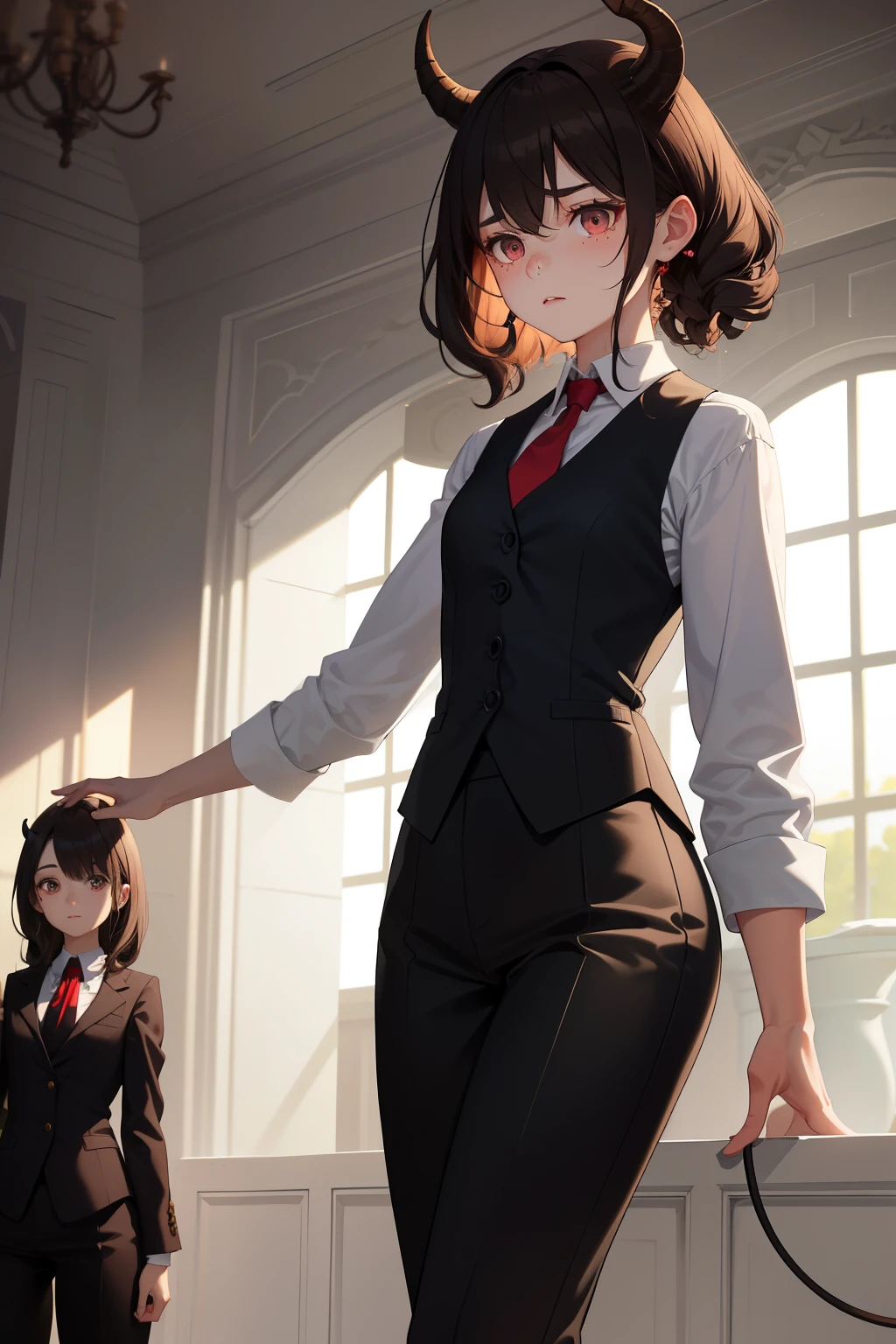 A 1.50 tall, 13-year-old girl with short, dark brown hair that curls at the ends and freckles on her face. Her eyes are chocolate brown like her hair, and she has small horns and a demon tail, white with a pink gradient at the ends. She is dressed in a black vest, revealing a white dress shirt with rolled-up sleeves and a red tie beneath. Black pants and shoes complete her attire. The scene is rendered in best quality, ultra-detailed, realistic style with HDR, sharp focus, and depth of field. The lighting adds an atmospheric feeling, and the colors are vibrant yet muted, creating a captivating