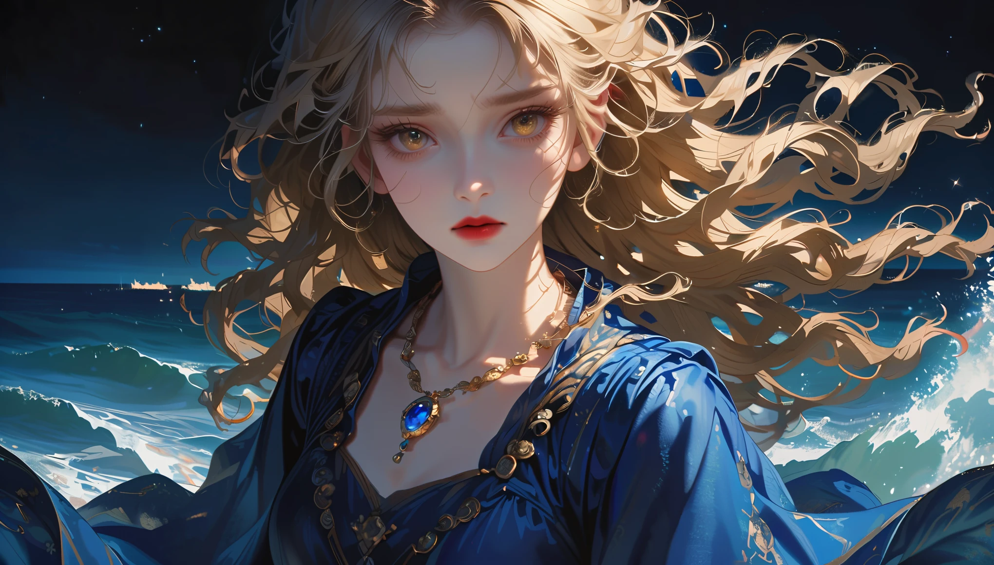 A girl,long blue dress,curly blond hair, long hair,golden eyes,long eyelashes,red lips,with a blue gemstone necklace,sad look,Outdoors,blue ocean,a sea of diamonds,white waves, ((stars)),night,dark,distant,fullbody,Sideways to the audience,long shot,(best quality),hires,8k,{realistic}