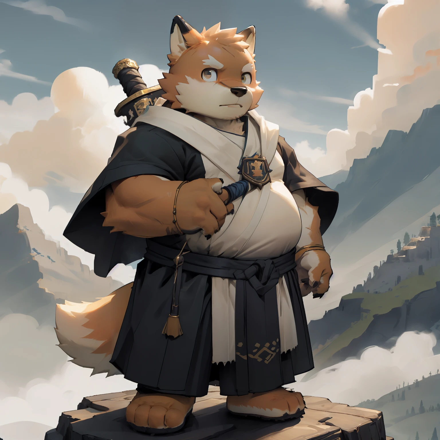 New Jersey 5 Hairy, fox,Full body portrait of an individual, male,exquisite, chubby,thick arms,Orange plush fur,Mountain Top,Cloud,shrouded in mist,Monk,全套Xian Xia服装,Cultivation,Xian Xia,Sword and Fairy