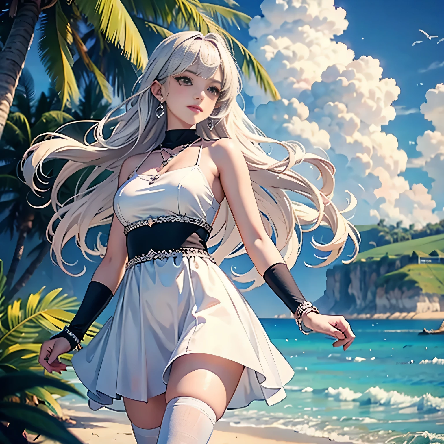 ((white shirt, white beautiful skirt)),low angle,from below,((masterpiece, highest resolution,best quality)),((1girl,cute,young,semi long beautiful siver blonde hair,blunt bangs,beautiful eyes)),(solo),(walking around the beach),innocent smile, white over-kneehighs,Lace chalker, wristband, fingerless gloves, over-kneehighs,
Lace chalker, diamond necklace,wristband, fingerless gloves, earrings, very windy,cinematic lighting, beach, sand, blue sky, waves, coconut tree,(looking at the viewer),innocent smile,cinematic lighting and pause,