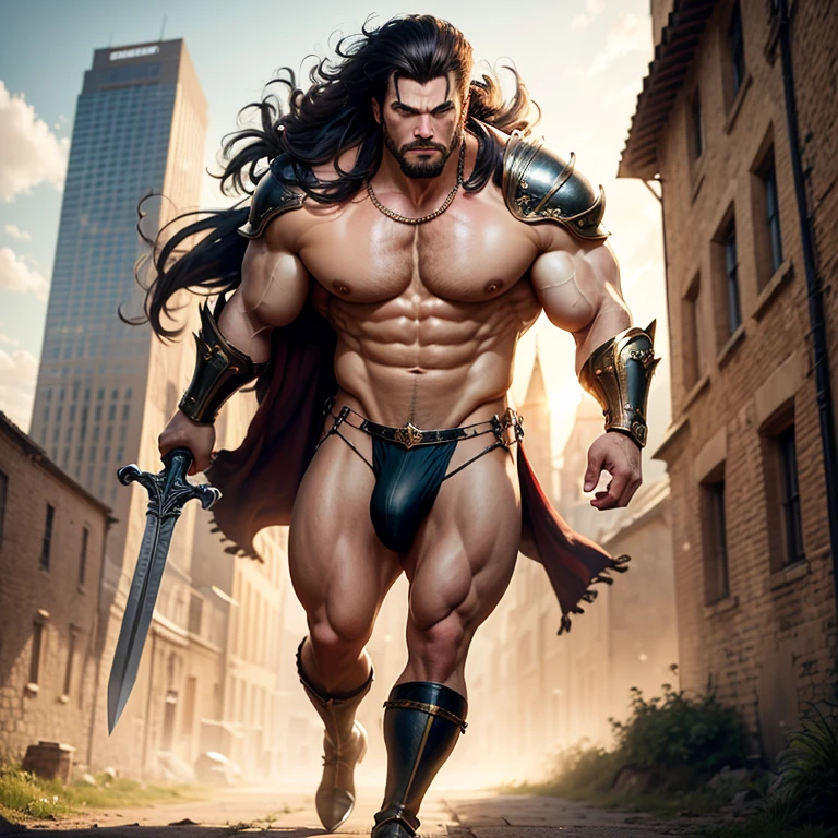 warrior man with big sword, muscular man of micro loincloth with bulge, sword in hand, (upward bulge in micro loincloth:1.2), city background, bright and gleaming sword, quality image, best quality, in attack position, realistic details, magic particles, whole body image, clothes with golden details, long hair tied, scar on face, image catching all body,  boots with golden details, blood particles, golden armor, uncovered abdomen, micro leather thong, scar on chest, part of leather armor, manly man, man with big hair, big bulky muscles, whole body, medieval scenery, photo particles, rays of sunlight in the background, full body image, whole glass appearing in photo, medieval city background,  Medieval setting, hair flying in the wind, (bulge upward erection:1.2)