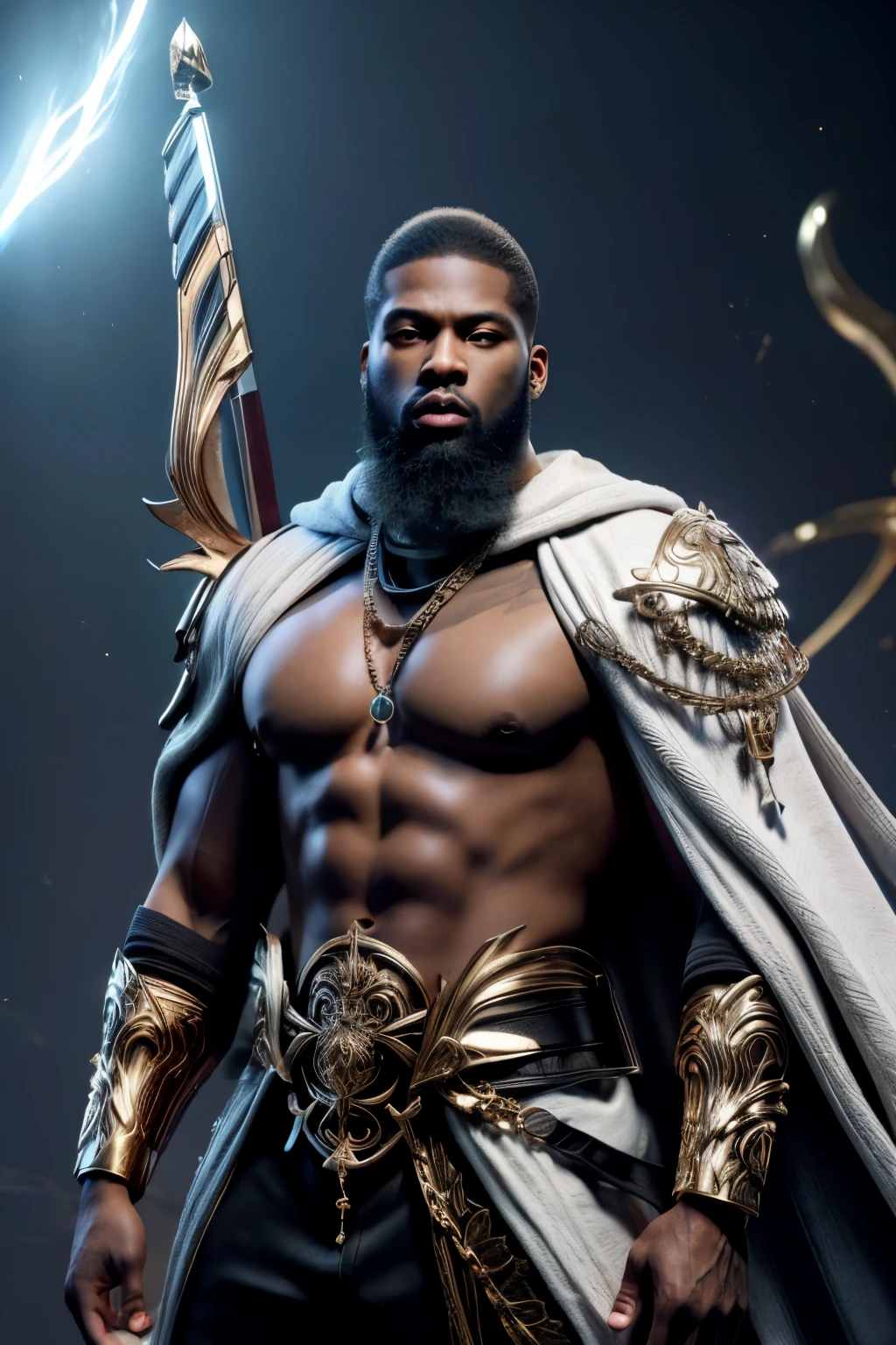 Strong blessed Warrior soul embodiment of peace, love, patience, bravery, courage, compassion, confidence, masculine, cancer sun, zodiac, Sagittarius moon in natal chart, Libra ascendant, man, standing alongside wife Rhea Ripley, Deep dark Blue hazey aura flowing around body, black man, brown skin, attractive, muscular, warm radiant essence, divine presence, Godly, Divine, grace, high resolution photo, 4k, 8k, high quality, anime, hetero, straight, dark haircut, Jay Z Style of clothing, 50 Cent energy, Hip Hop, son of Rhea Ripley, genetics, African American, melanin skin, full beard, lightning aurat name Kristopher Lafayette Royal, 30 years of age, competent and observant, sensual,