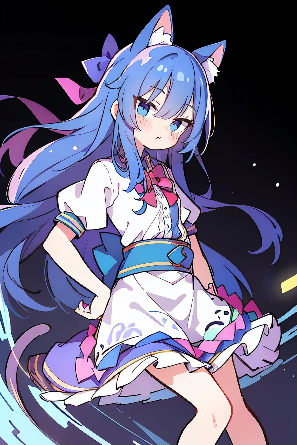 (masterpiece),best quality, expressive eyes, perfect face, 1girl,
 Put your hands on your waist,fair, Gorgeous,Japanese cartoons,girl,lola,Hina Angel, blue hair, blue haired, floating clothes,Grab your waist, Grab your waist, hands on hips , hands on hips,sit, sit on ground, Legs on the ground, flat chest,starry sky,cat ear,