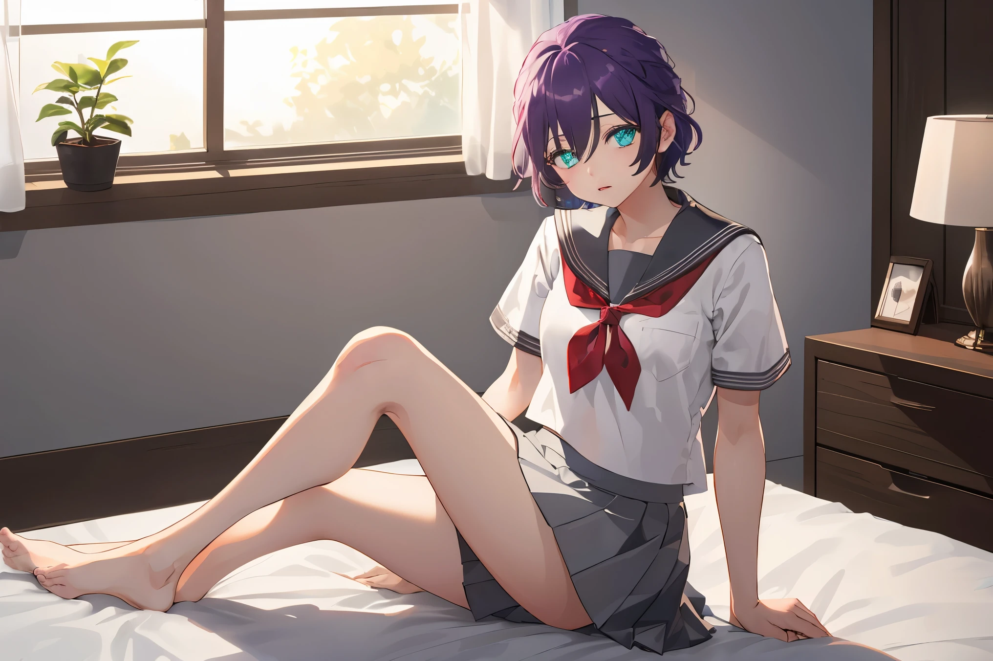 1girl, solo, short hair, purple hair,glowing green eyes,
BREAK ((grey skirt, neckerchief, pleated skirt, red neckerchief, , serafuku, shirt, short sleeves, skirt, white shirt, uranohoshi school uniform:1.5))
BREAK city, night,
BREAK on top of the bed, Beds,looking at viewert, upper legs, Sat down, nightstand, Blushlush, sexyposture,
BREAK (masterpiece:1.2), best quality, high resolution, unity 8k wallpaper, (illustration:0.8), (beautiful detailed eyes:1.6), extremely detailed face, perfect lighting, extremely detailed CG, (perfect hands, perfect anatomy),