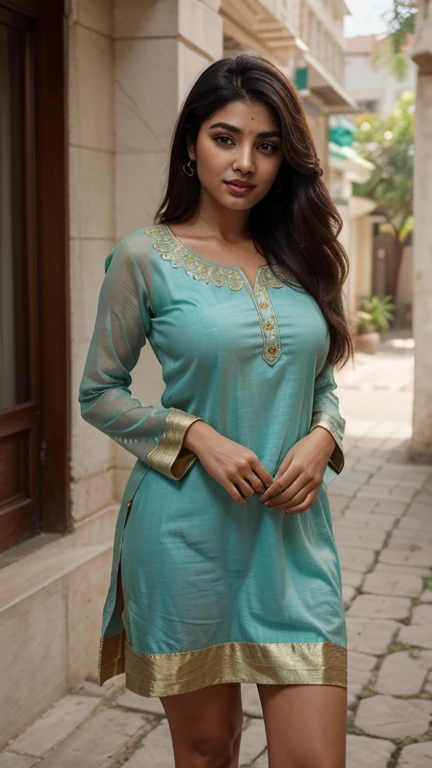 (full body shot), (inspired by Amy Jackson), A beautiful Indian women wearing a net kurta, (knee length kurta, laces kurta, net sleeve, skinny salwar), perky breasts, deep neck, Indian outfits, beautiful suit, gorgeous looking, ultra detailed face, red lips, high heel, high quality picture, candid picture, ultra detailed face, realistic face, Indian outfits, Indian traditional, elegant costumes, ,1 girl