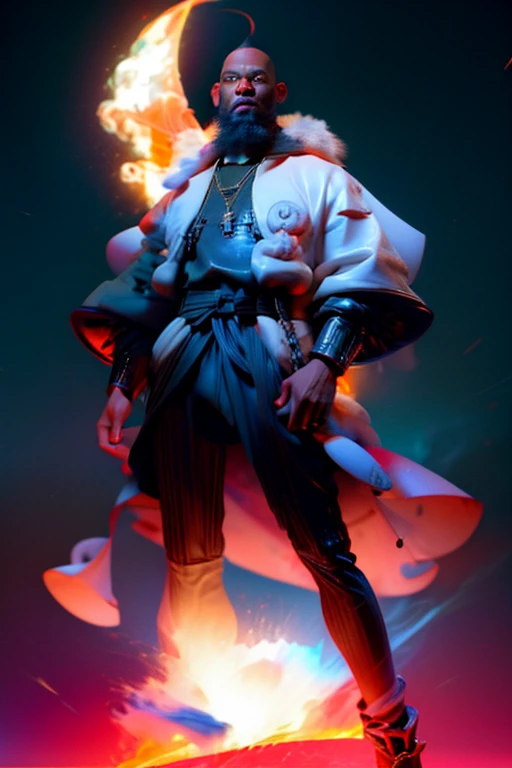 Strong blessed Warrior soul embodiment of peace, love, patience, bravery, courage, compassion, confidence, masculine, cancer sun, zodiac, Sagittarius moon in natal chart, Libra ascendant, man, standing alongside wife Rhea Ripley, Deep dark Blue hazey aura flowing around body, black man, brown skin, attractive, muscular, warm radiant essence, divine presence, Godly, Divine, grace, high resolution photo, 4k, 8k, high quality, anime, hetero, straight, dark haircut, Jay Z Style of clothing, 50 Cent energy, Hip Hop, son of Rhea Ripley, genetics, African American, melanin skin, full beard, lightning aurat name Kristopher Lafayette Royal, 30 years of age, competent and observant, sensual,