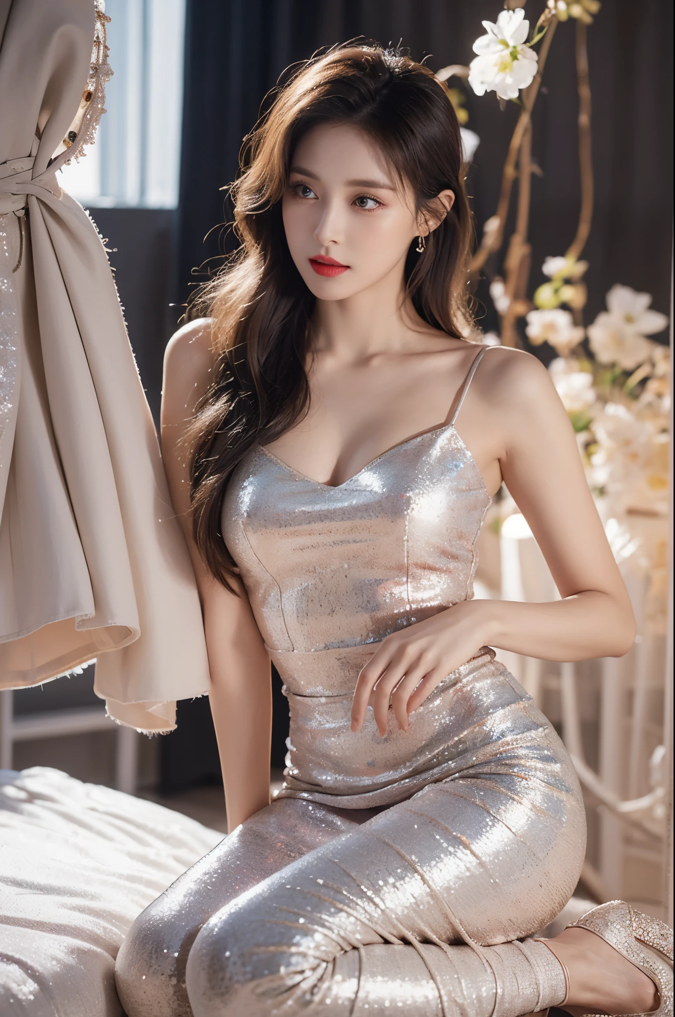 High-quality work,Realistic works,Super premium graphics,8K HD CG works,high quality graphics,High-definition and exquisite CG works,10x pixels,Ultra-fine details:1.1,Advanced technical details:1.1Realistic photo effects,indoor light light effect:1.5,Natural soft light:1.5. Light effect(Virtual light Light effect:1.8),ultra high resolution,Shinyshift dresses,sliver long hair,silber hair,transparenthair,high detailed hair(Quality hair details:1.1)Clear eyes,Double eyelids look good,Sharp eye makeup, Create exquisite eyelash makeup, tthin eyebrows, Ultra-detailed eyes,a tall nose, lovely red lips, rosey cheeks, The face is painted with delicate makeup , Nice face, The face shape is perfectly proportioned,(Advanced facial details:1.3)Sparkling luxury gown collection,shift dresses,Sequin coat,Shiny,Tight long skirt,Summer sexy butt-wrapped fishtail sleeveless commuter maxi skirt,Horse socks 100%Oily PanSter glossy silk 8D black silk women's clothing'worn out'S,clothes look good,(Changing high fashion collections:1.5),Dress photography,Authentic clothing creations,inside a ballroom,Women's artwork,Full body video wear,Realism,Amazing Cleavage,My eyes are very bright today