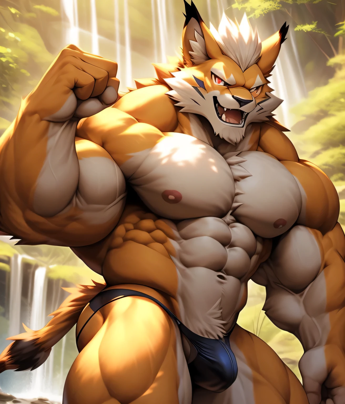 PRO competitive bodybuilder, nj5furry, (Leomon,, massive, huge, muscular, Gigachad), (((((THONG))))) Leomon, YOUNG FACE, TEEN, ((extry realistic shadows, masterpiece, extremely detailed, photorealistic)), kemono, looking at the viewer, ((FRONT)), murderous look, Leomon, ((detailed face)) nose, red eyes, ((detailed eyes)), Mischievous smile, open mouth, white teeth, red tongue, skin, fur, hair, mane, height 3 meters high, the optimal height, tight clothing, 300 lbs, body full of huge muscles; muscle and bulge pecs, huge pecs, ((massive pectorals)) ((huge pectorals)) ripped abs, V-shaped body, thick waist, long legs, strong arms manly, handsome face, attractive cool calm face type with a mischievous smile, topless. Ruins of a Jedi temple with river and waterfalls background, day, sun, sunrays, clouds; bulge in the crotch, wears a small string thong that reveals huge, muscular thighs, (((he wears a tight thong))), bulging biceps. A muscular bodybuilder in the making. A potential PRO competitive bodybuilder and bulging neck. ((Almost naked))