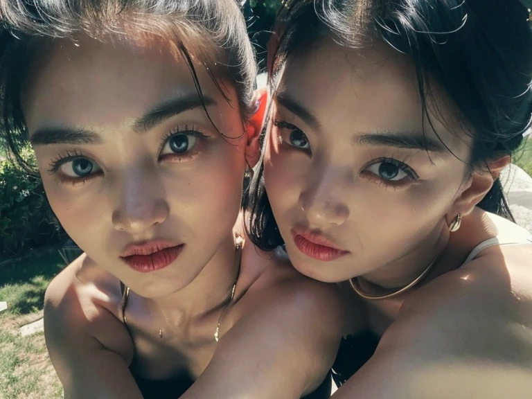 best quality, 4k, 8k, ultra highres, raw photo in hdr, sharp focus, intricate texture, skin imperfections, photograph a photo of zyozyo (woman and her identical twin:1.3) perfect body perfect face