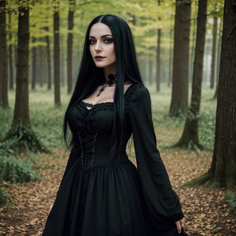 1 woman, European face, European eyes, pretty face, 30 years old, age 30, black long hair, black, green eyes, gothic style, wearing a long black dress, ultra detailed face, hyperrealistic, realistic representation, full body view, gothic style, dancing at a gothic festival