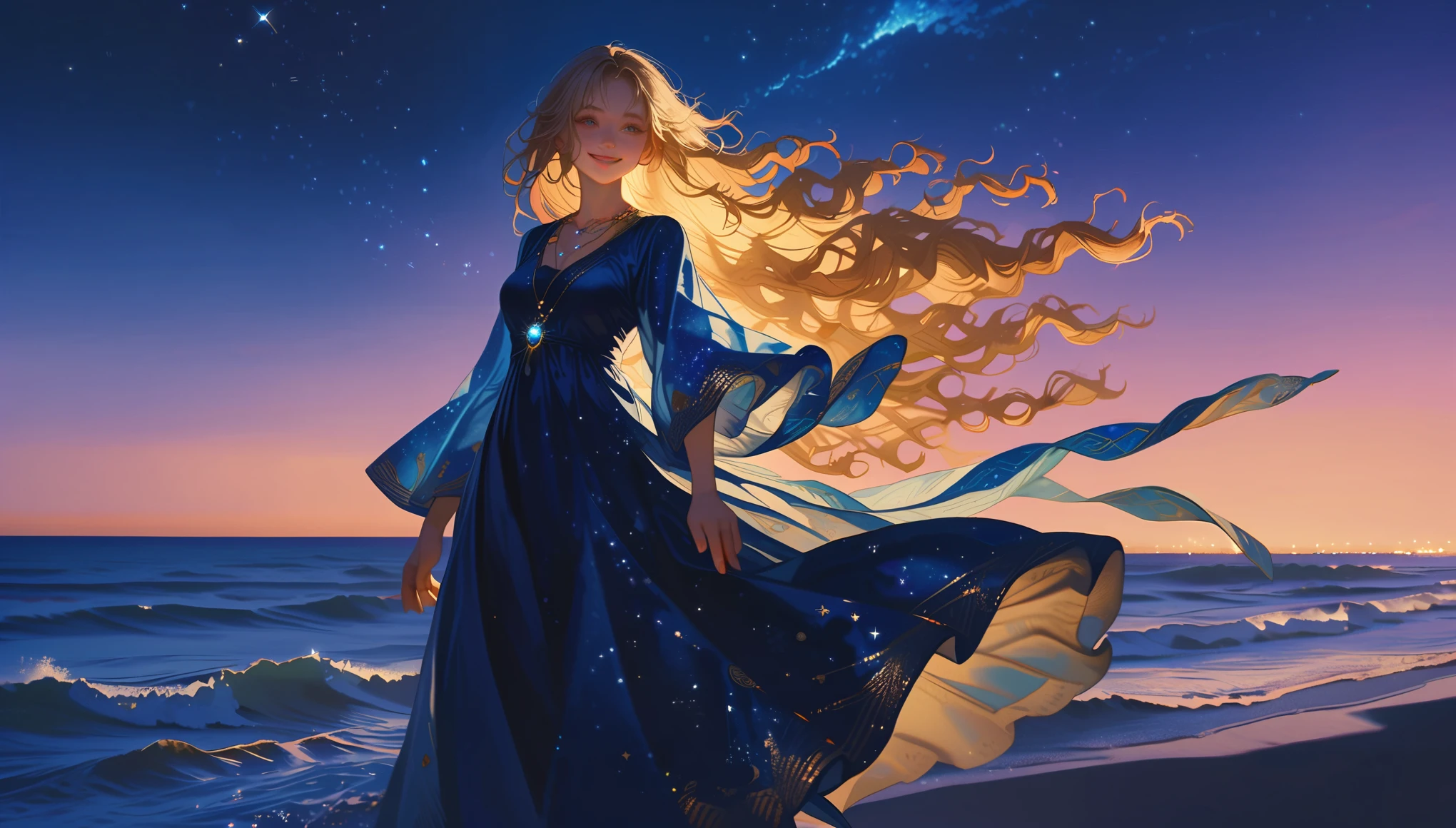 A girl,long blue dress,curly blond hair, long hair,golden eyes,long eyelashes,with a blue gemstone necklace,smile,Outdoors,blue ocean,a sea of diamonds,white waves, ((stars)),night,dark,distant,fullbody,Sideways to the audience,long shot,(best quality),hires,8k,{realistic}