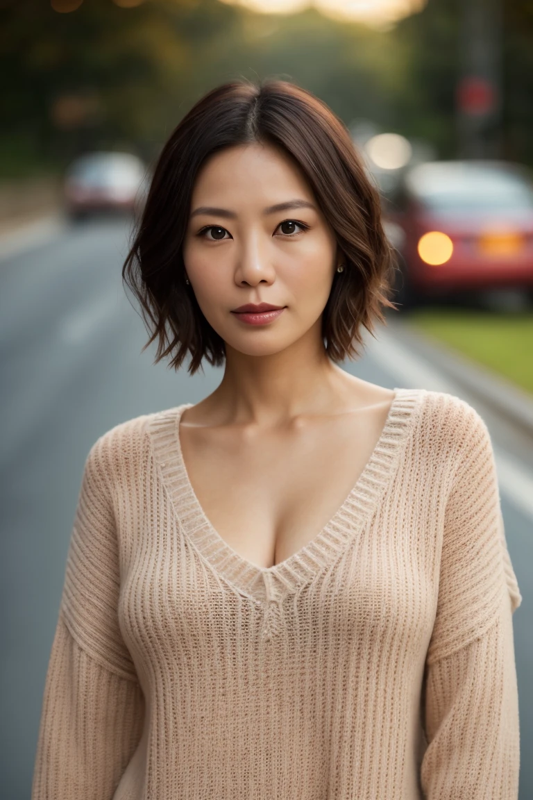 Portrait of a middle-aged Taiwanese woman, 40 years old, cute face, slim, Tortitz, (Big droop:1.1), huge nipples, wear (Sexy sweater:1.2), Standing on the road, Bokeh background, Simple background, (highly refined skin:1.0), (masterpiece:1.2) (lifelike:1.2) (Bokeh) (best quality) (intricate details) (8K) (high dynamic range) (analog film) (canon d5) (movie lighting) (sharp focus),short hair，