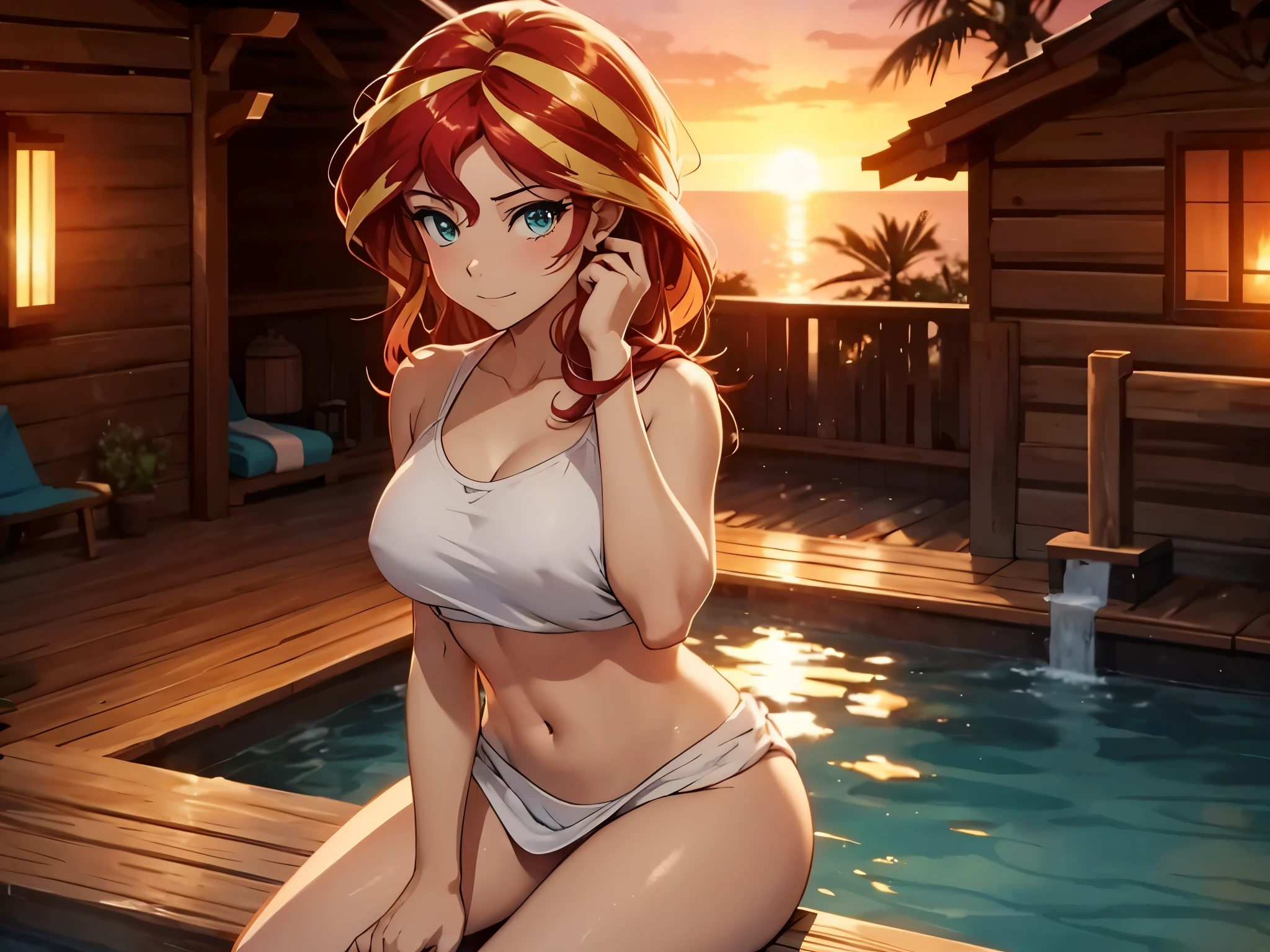 sunset shimmer, sitting in a sauna, covered by a towel