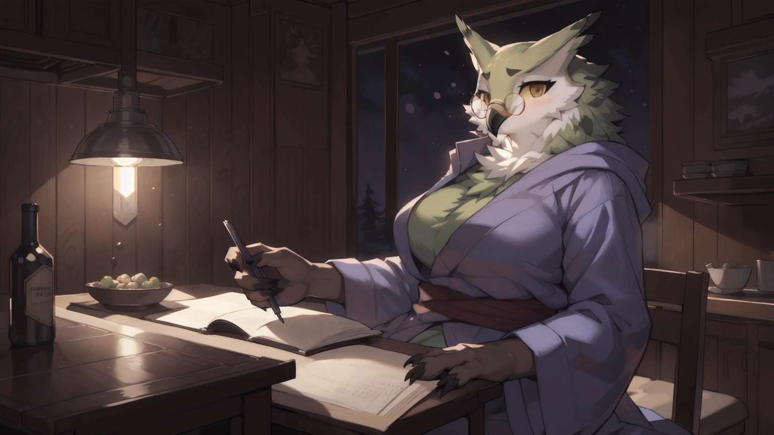 solo, 1girl, female, furry female, bird, avian, owl, big tits, robe, glasses, green feathers, random pose, ramona_uo, detailed background, (cute anatomy:1.1), highly detailed, hyper realistic, soft lighting, (masterpiece:1.2),(best quality:1.2), (extreme detailed illustration),(by zackary911:1.3),(by taran fiddler:1.1), (by jay naylor, spectrumshift,iskra:1.2, syuro:1.0),(by hioshiru),(by Meesh),(by riska),