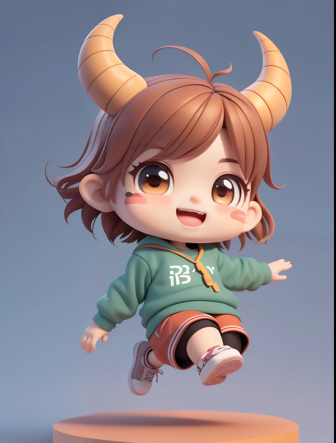 (Masterpiece), (Best quality), (Super detail), (Whole body :1.2)bonitinho 3d render, arte digital detalhada bonito,A boy, Short hair,No long hair, Horn protruding, brown horn,Chibi, Cute, boy, smile, open mouth, sports, street dance, jumping pose, blush, :3, shirt, blush stripe stickers, long sleeves, sneakers, (Short hair), (eyes),(Brown horns on the head)
message