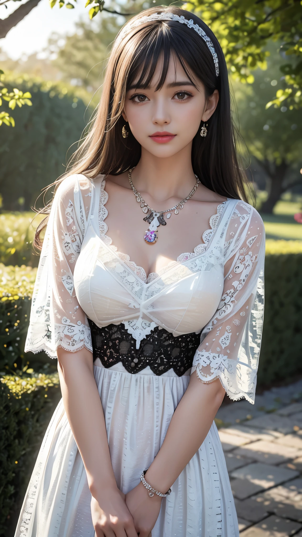 best quality, masterpiece, 1girl, (white polka dot dress), black white dress, (lace:1.5) hair ornament, necklace, (jewellery:1.8), Beautiful face, small breasts, tyndall effect, photorealistic, rim lighting, two tone lighting, (high detailed skin:1.2), dslr, (spreading light:1.5) soft lighting, high quality, volumetric lighting, candid, in the garden, Photograph, high resolution, 4k, 8k, Bokeh,