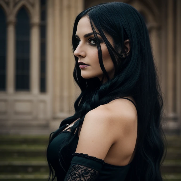 1 woman, European face, European eyes, pretty face, 30 years old, age 30, black long hair, black, green eyes, gothic style, wearing a long black dress, ultra detailed face, hyperrealistic, realistic representation, full body view, gothic style, dancing at a gothic festival