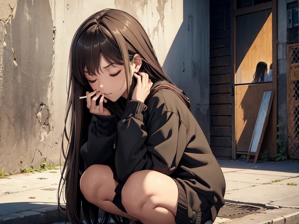 a girl smoking a cigarette, smoking, smoker, long brown hair, eyes closed, she's in extase, she's enjoying it, alone, black wall, (((masterpiece))), pov, squat, highly detailled face,