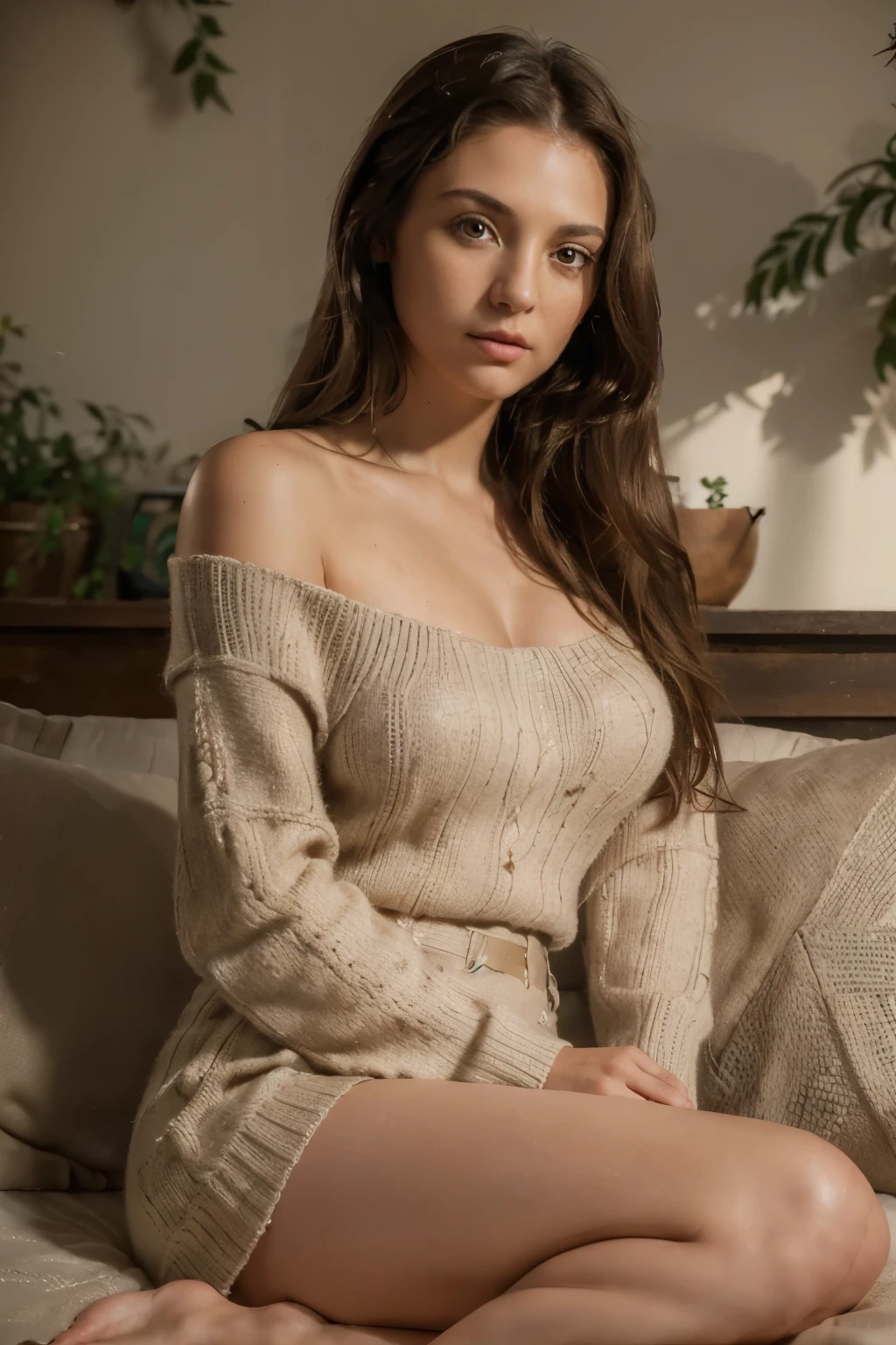 (Masterpiece:1.3), (8K, Photorealistic, Raw Photography, Premium Image Quality: 1.4)
brunette woman, long hair, brown eyes dressed in an ecru knitted sweater, leaves her shoulders bare,
woman sitting looking at the camera,
bare legs, realistic 4k photo