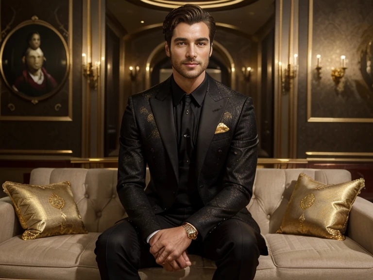 ((best quality)), ((masterpiece)), (detailed), winning the lotto, the rich, successful happy face, black suit, spacious house, Gold and precious stones, Bundle of money, Super handsome man