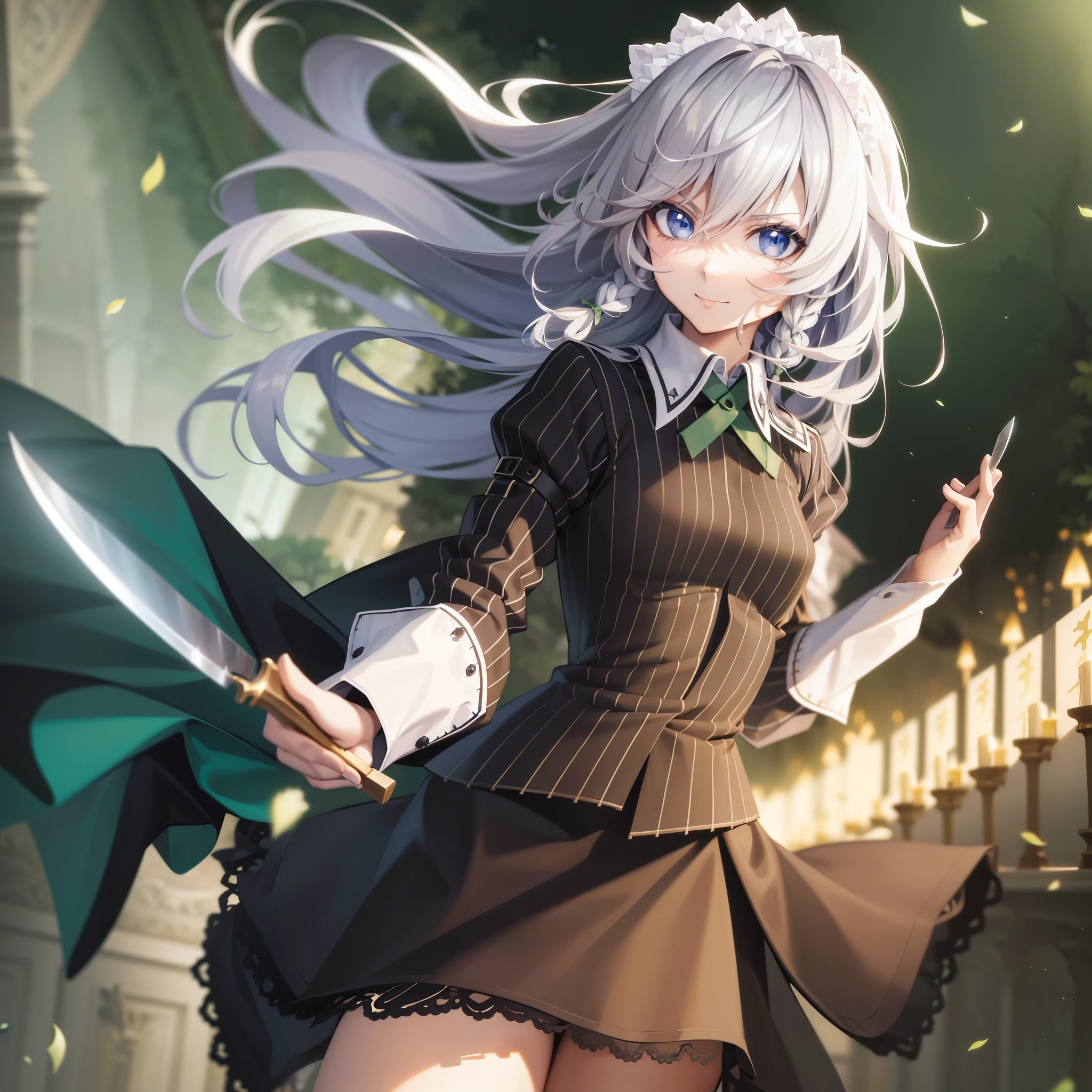 Adult woman, Long brown hair, Green eyes, White formal wear, pomade, Smile, Masterpiece, hiquality,  sakuya izayoi, silver hair, maid dress, white apron, very short skirt, sexy pose, flying knive, holding knife, sleeveless outfit, detailed face, detailed eyes, fresh blue eyes, big green ribbons, blue outfit, double braids, small green ribbons