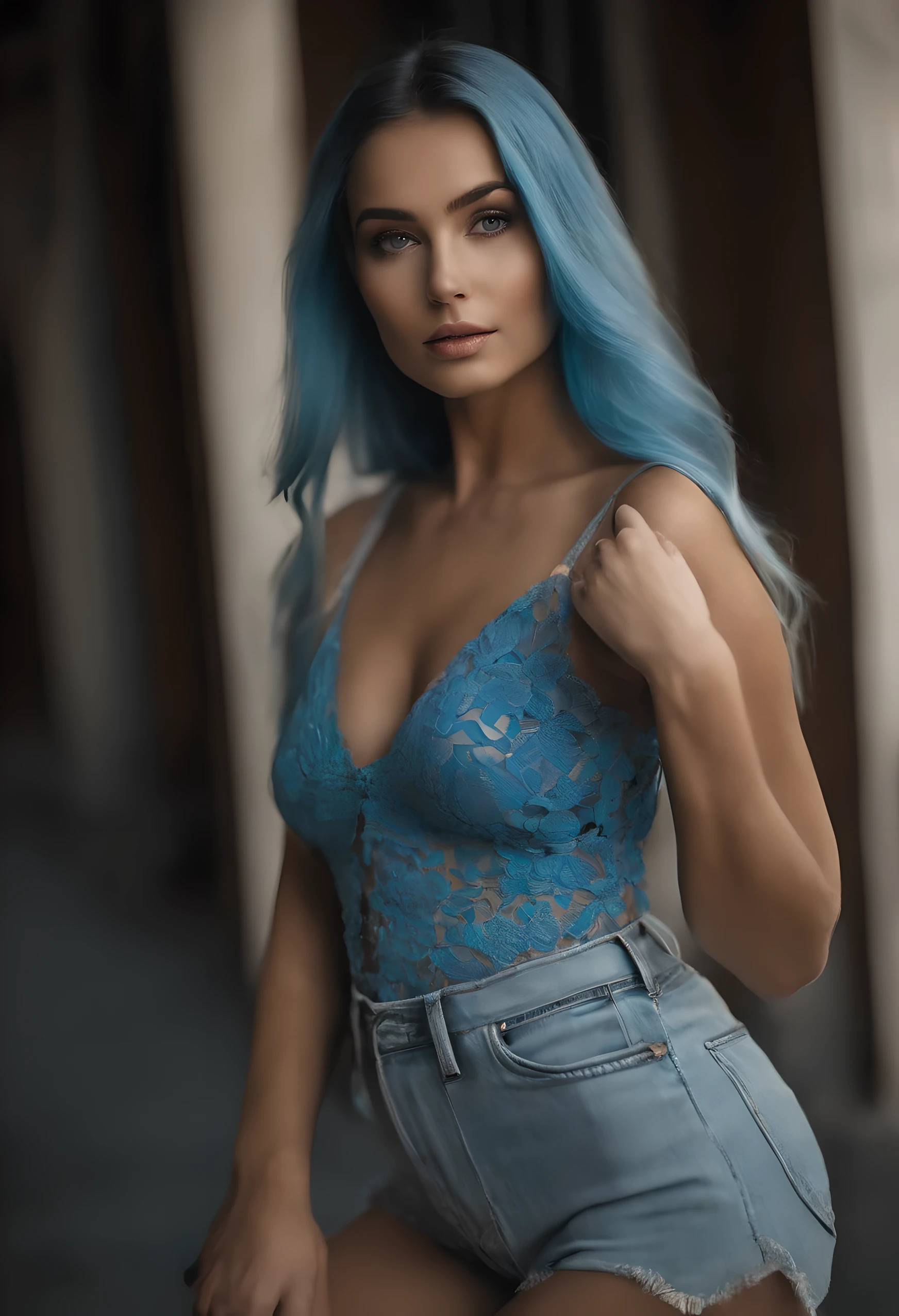 Femme d’Arafed avec des vêtements de Bohème, fille aux yeux bruns, Portrait Sophie Mudd, blue eye liner, , full body, thong, blue thong, blue hair, reproduce different scenarios, beautiful, dark, blue eyes, maquillage naturel, Regarder directement la caméra, Visage avec Artgram, Maquillage subtil, Superbe photo du corps entier, full body, showing ass, blue nails, nice hands