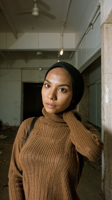 a malay girl, wearing a hijab, in the kitchen of a bad and poor wooden house, the girl is cute hot, the girl wears an apron but is naked