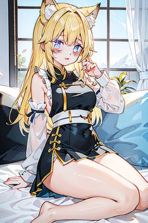 Ye Lin is a woman with yellow hair and wolf ears.,she巻き毛のブロンドの髪をしています,blue colored eyes,Yellow animal ears and a wolf tail。she ,curvaceous physique,white and soft skin。she赤いコートを着ています,The lower half is a short skirt。Her temperament is cute,Sweet tone,I love to eat,I like touching my head