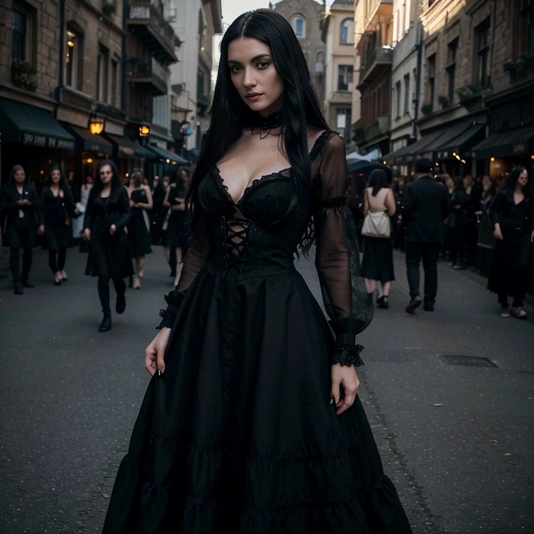 1 woman, European face, European eyes, pretty face, 30 years old, age 30, black long hair, black, green eyes, gothic style, wearing a long black dress, ultra detailed face, hyperrealistic, realistic representation, full body view, gothic style, dancing at a gothic festival