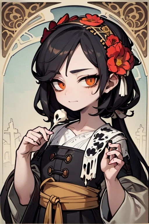  highest quality, High resolution, Female Upper Body, detailed , 手のdetailed, 指のdetailed, 面のdetailed, 脚のdetailed, watercolor painting, at the cemetery, black hair, long hair, tattered clothes, black eye, zombie, 頭蓋Bone, Bone, (art nouveau:1.25), detailed and beautiful eyes,非常にdetailedな, beautiful colors,  Flower of the other shore, 