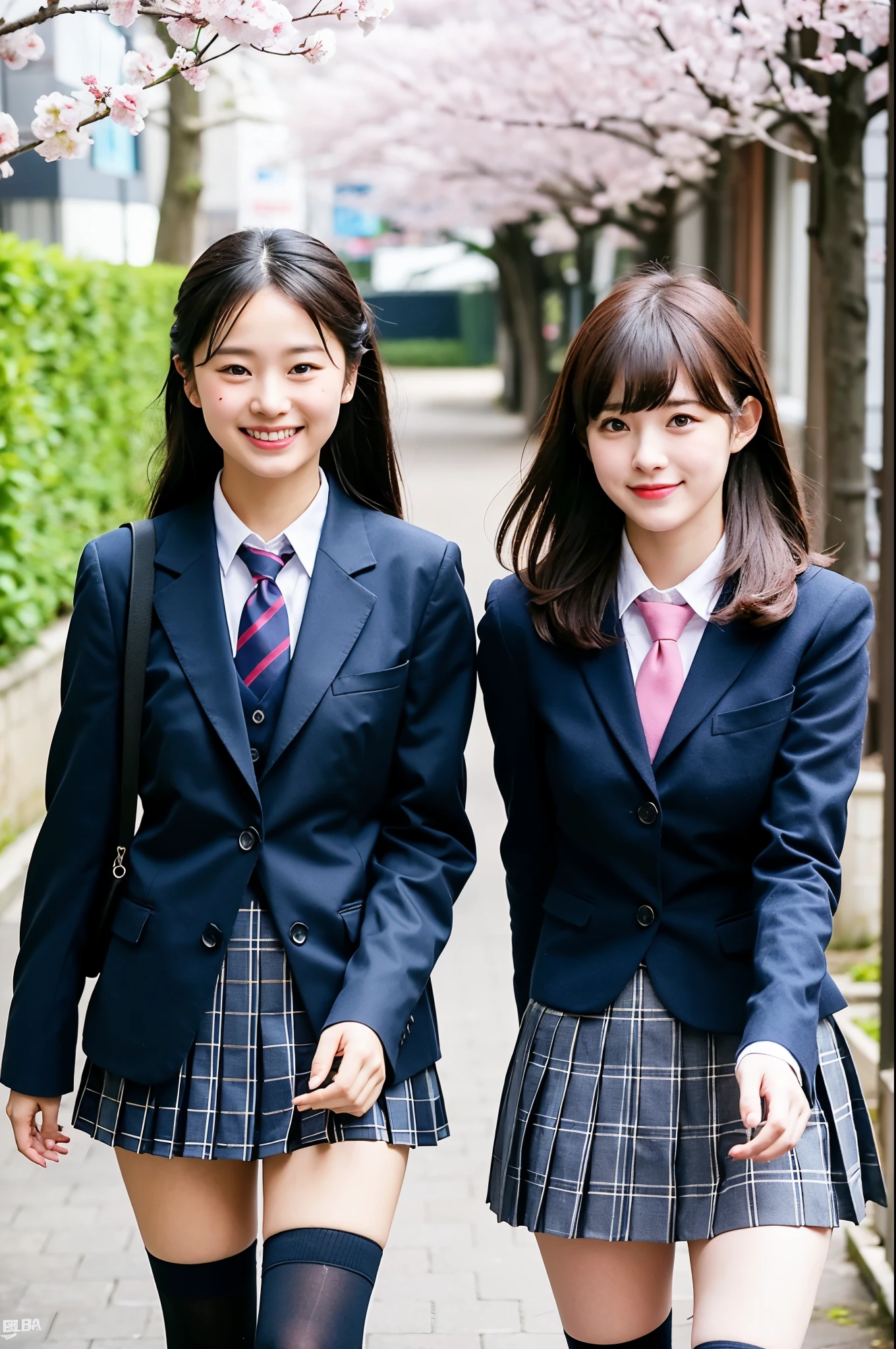 2 girls walking in cherry blossom street,navy blue blazer,white collar with plaid tie,gray plaid pleated skirt,navy blue socks,shool bag,18-year-old,bangs,a little smile,thighs,knees,barrette,from below,front light