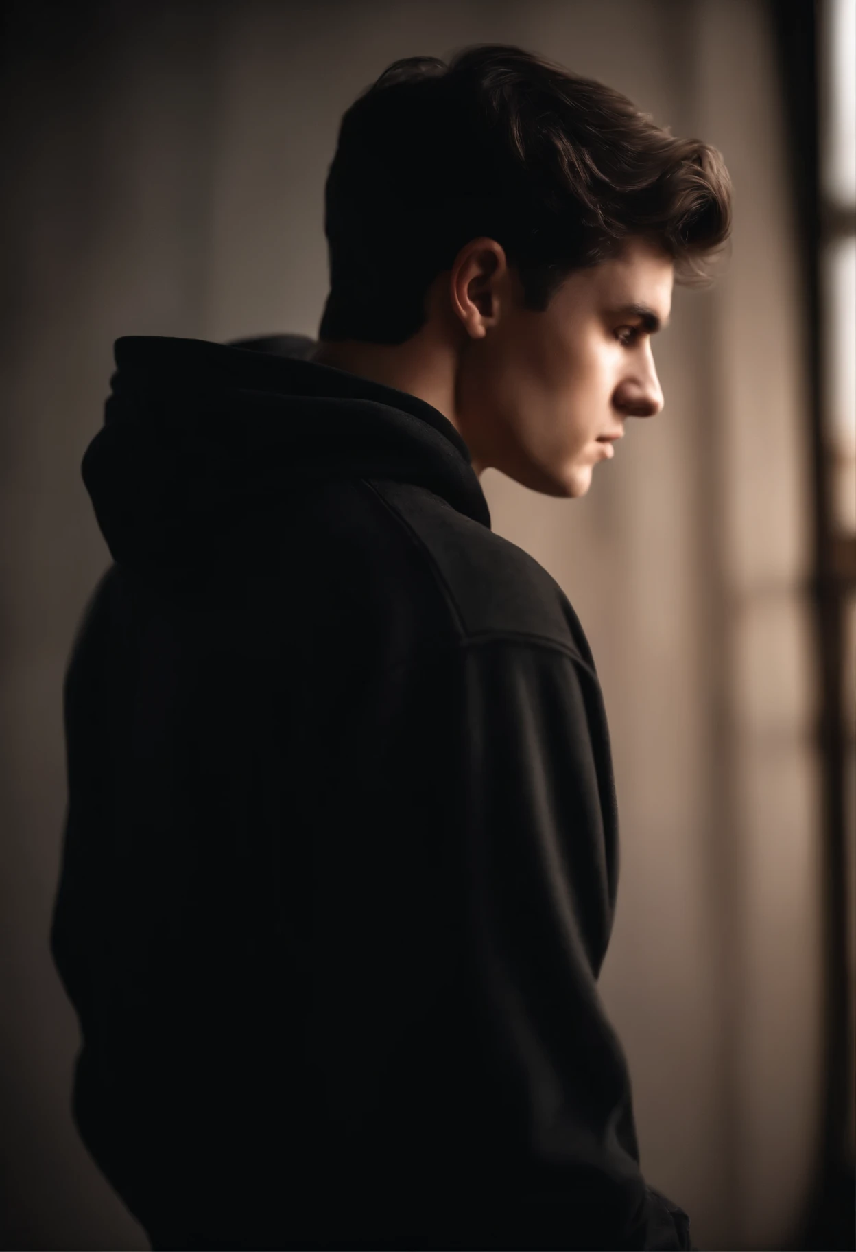 male, man, 18 year old, black sweatshirt, back view, with short dark hair