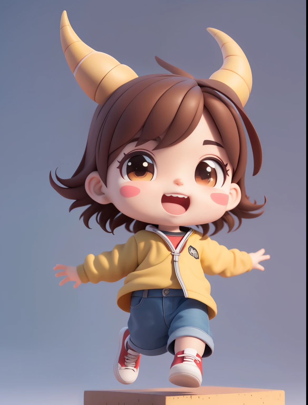 (Masterpiece), (Best quality), (Super detail), (Whole body :1.2)bonitinho 3d render, arte digital detalhada bonito,A boy, Short hair,No long hair, Horn protruding, brown horn,Chibi, Cute, boy, smile, open mouth, sports, street dance, jumping pose, blush, :3, shirt, blush stripe stickers, long sleeves, sneakers, (Short hair), (eyes),(Brown horns on the head)
message