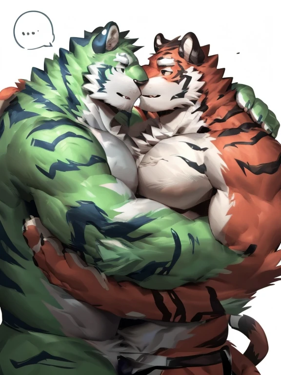 two muscular tiger , furry chest, muscular green tiger hug muscular tiger back, muscular green tiger stand behind, hug from behind, white background, perfect hand, thick furry neck and chest fluff, hand behind head, kiss, hand into jock, side view, jock, having sex, by lindong, by nullghost