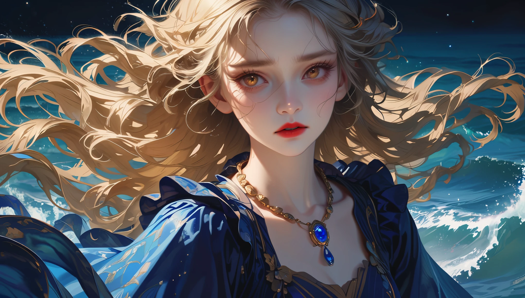 A pretty girl,long blue dress,curly blond hair, long hair,golden eyes,long eyelashes,red lips,with a blue gemstone necklace,sad look,Outdoors,blue ocean,a sea of diamonds,white waves, ((stars)),night,dark,distant,fullbody,Sideways to the audience,long shot,(best quality),hires,8k,{realistic}