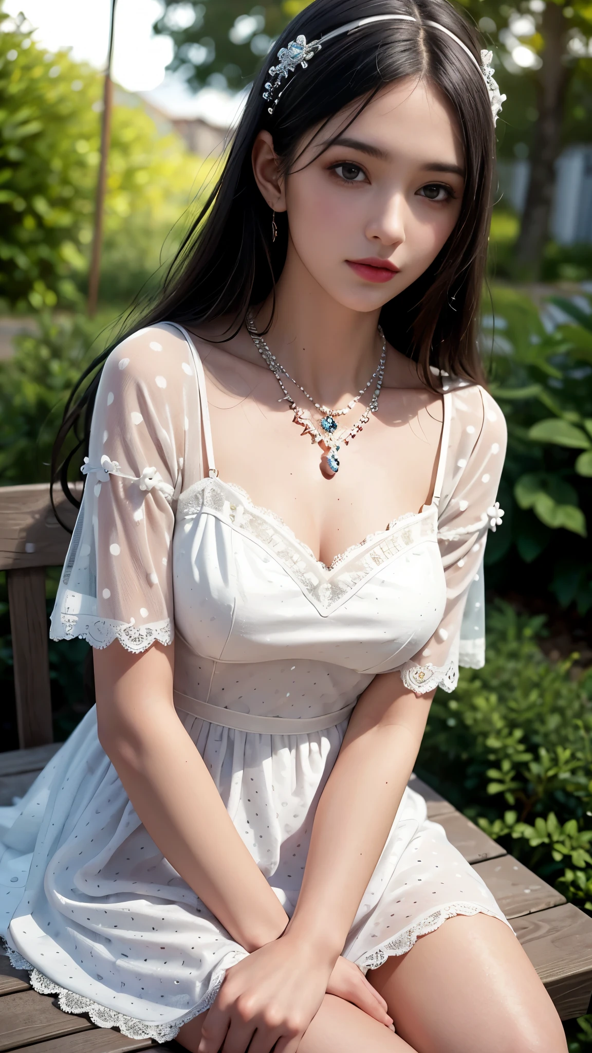 best quality, masterpiece, 1girl, (white polka dot dress), black white dress, (lace:1.5) hair ornament, necklace, (jewellery:1.8), Beautiful face, small breasts, tyndall effect, photorealistic, rim lighting, two tone lighting, (high detailed skin:1.2), dslr, (spreading light:1.5) soft lighting, high quality, volumetric lighting, candid, in the garden, Photograph, high resolution, 4k, 8k, Bokeh, sitting,
