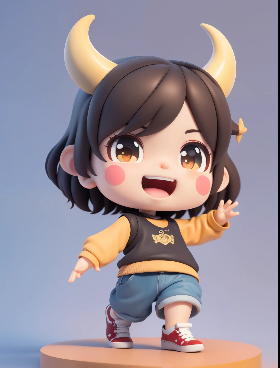 (Masterpiece), (Best quality), (Super detail), (Whole body :1.2)bonitinho 3d render, arte digital detalhada bonito,A boy, Short hair,No long hair, Horn protruding, brown horn,Chibi, Cute, boy, smile, open mouth, sports, street dance, jumping pose, blush, :3, shirt, blush stripe stickers, long sleeves, sneakers, (face), (eyes),(Bull horn)
message
